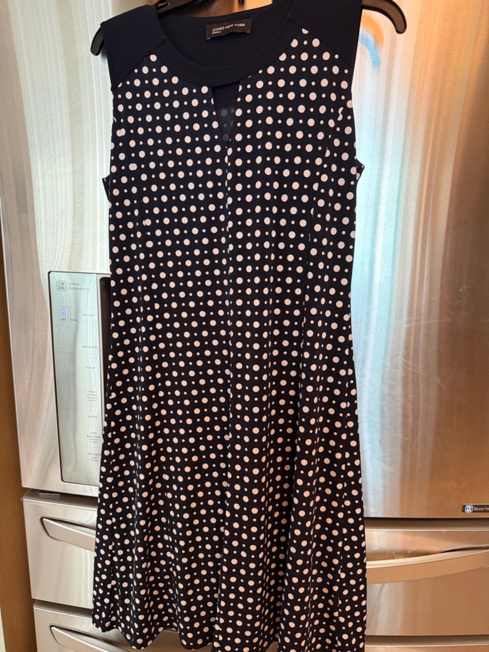 Anne Klein Navy and White Polka Dot Sleeveless Midi Dress with Keyhole